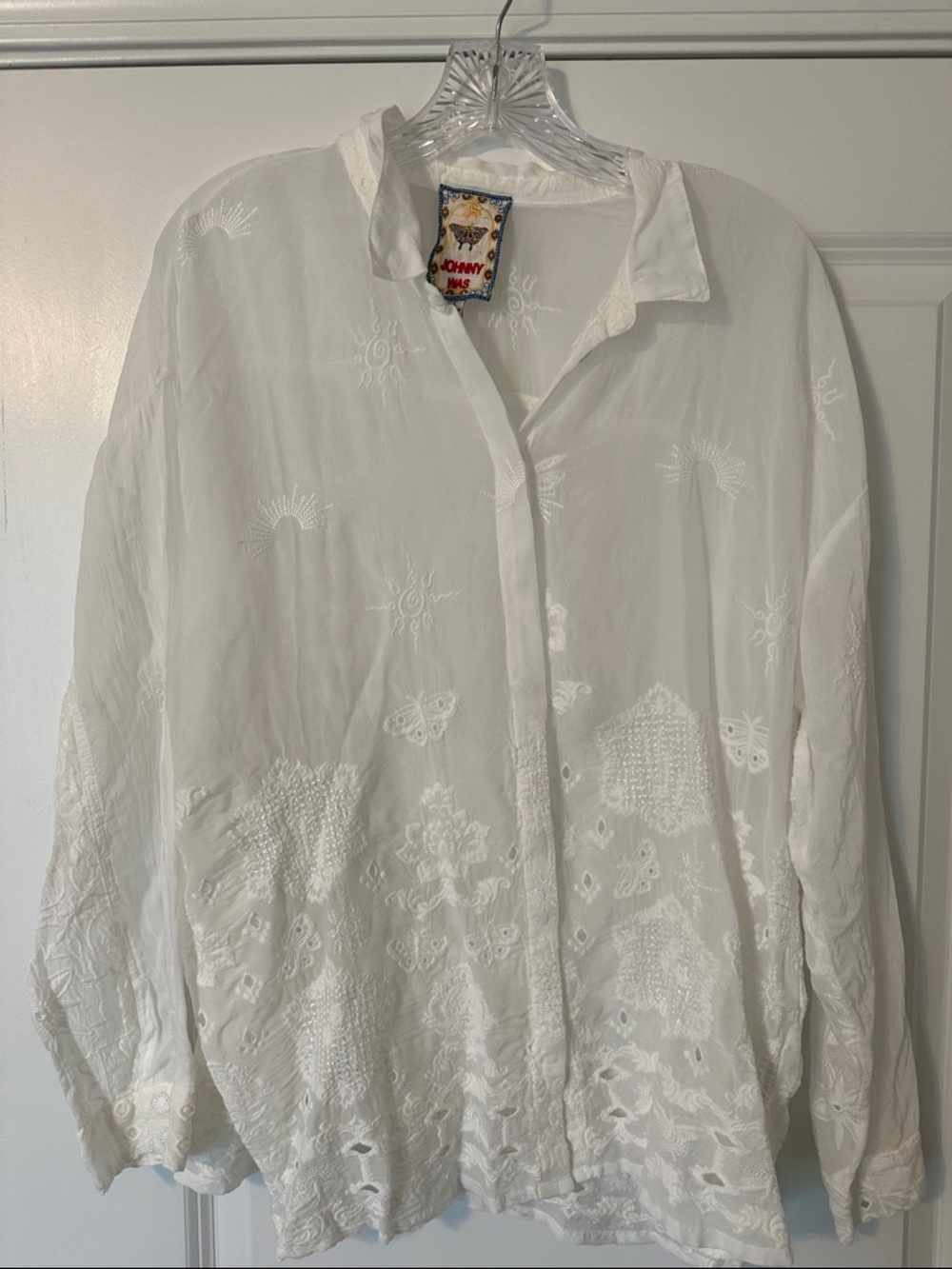 Johnny Was White Embroidered Floral Button-Front Blouse - Audrey Button Down